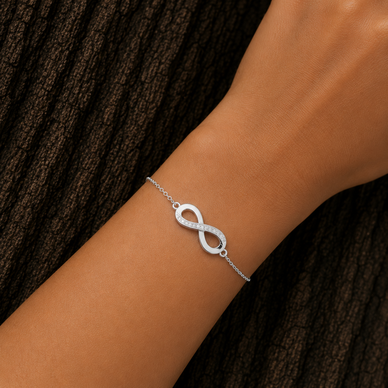 925 Sterling Silver Infinity Bracelet worn on wrist