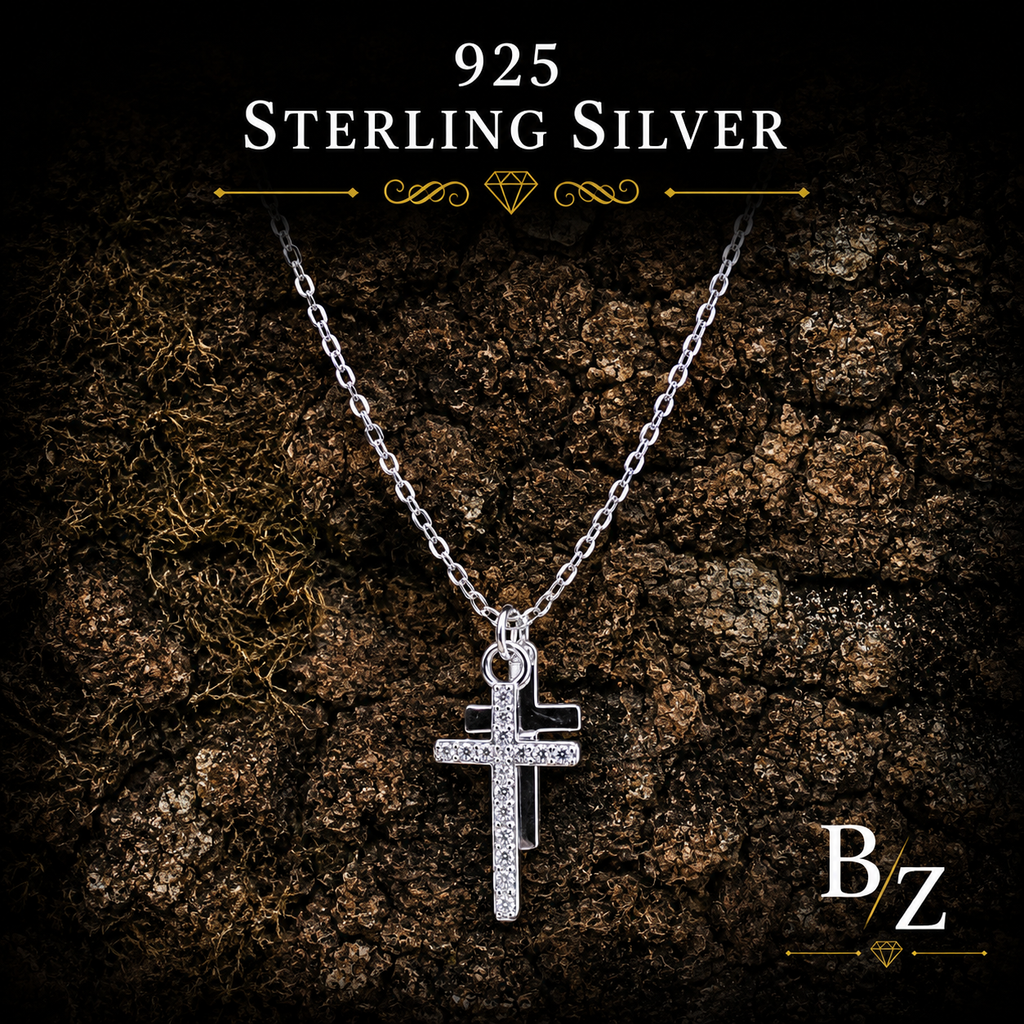 925 Sterling Silver Double Cross Necklace with Cubic Zirconia Pendant