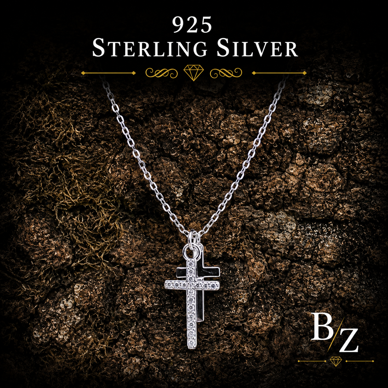 925 Sterling Silver Double Cross Necklace with Cubic Zirconia Pendant