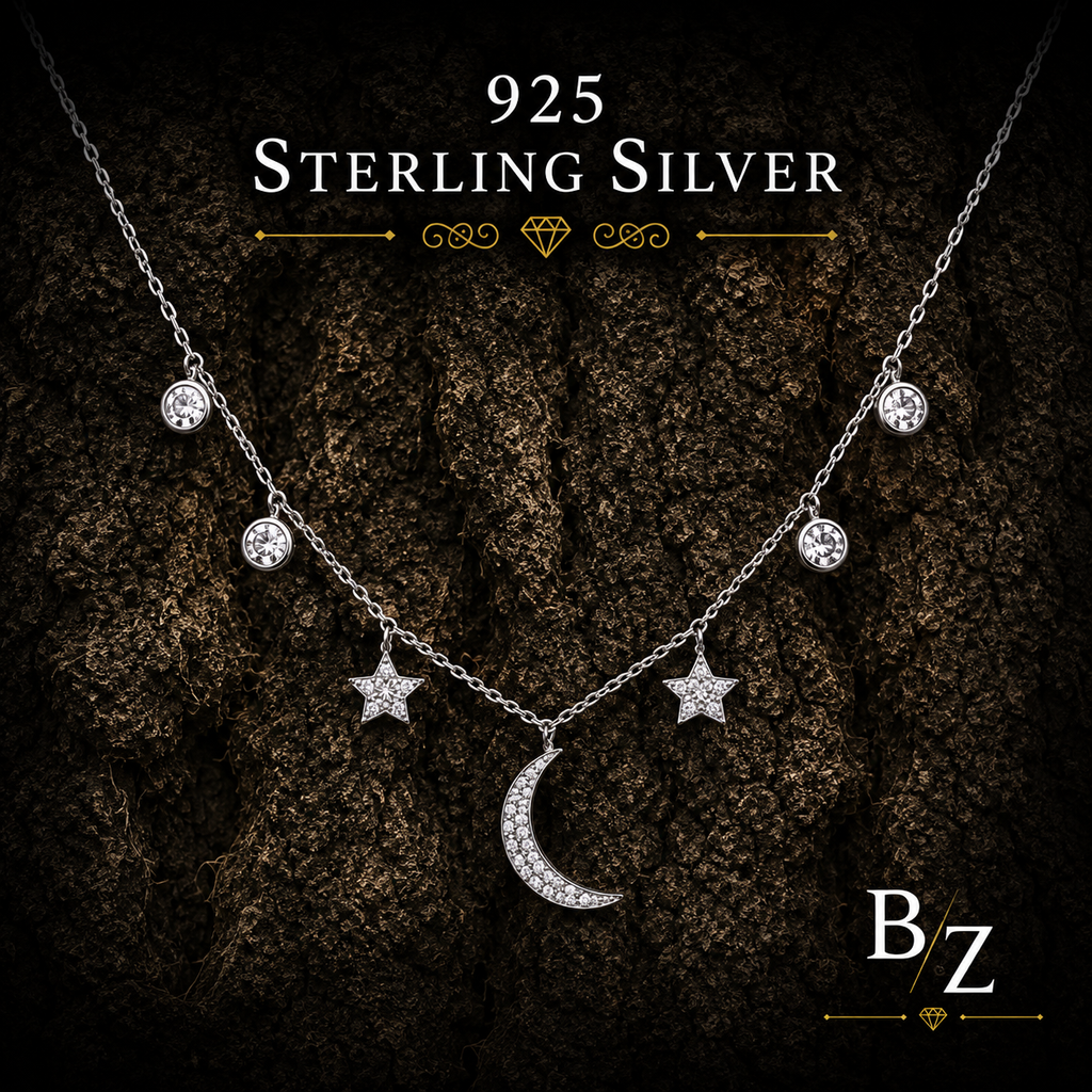 925 Sterling Silver Moon & Stars Necklace with Cubic Zirconia