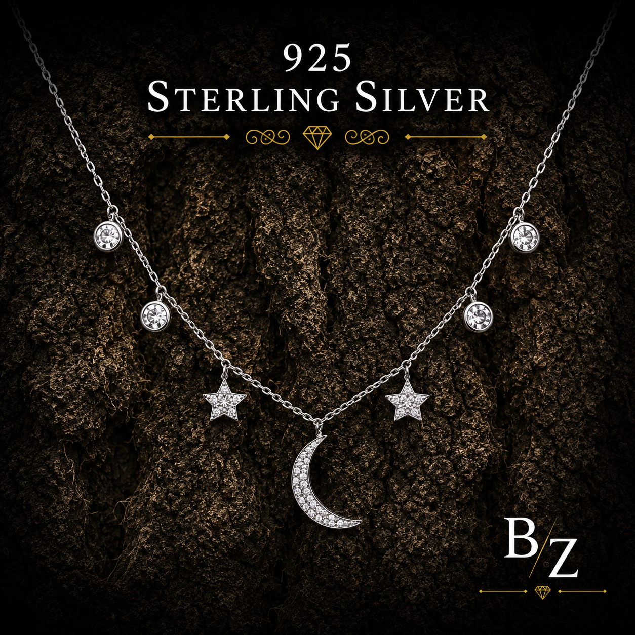 925 Sterling Silver Moon & Stars Necklace with Cubic Zirconia