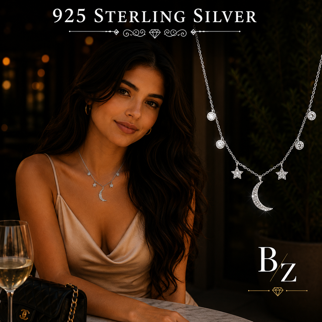 Woman wearing 925 Sterling Silver Moon & Stars Necklace