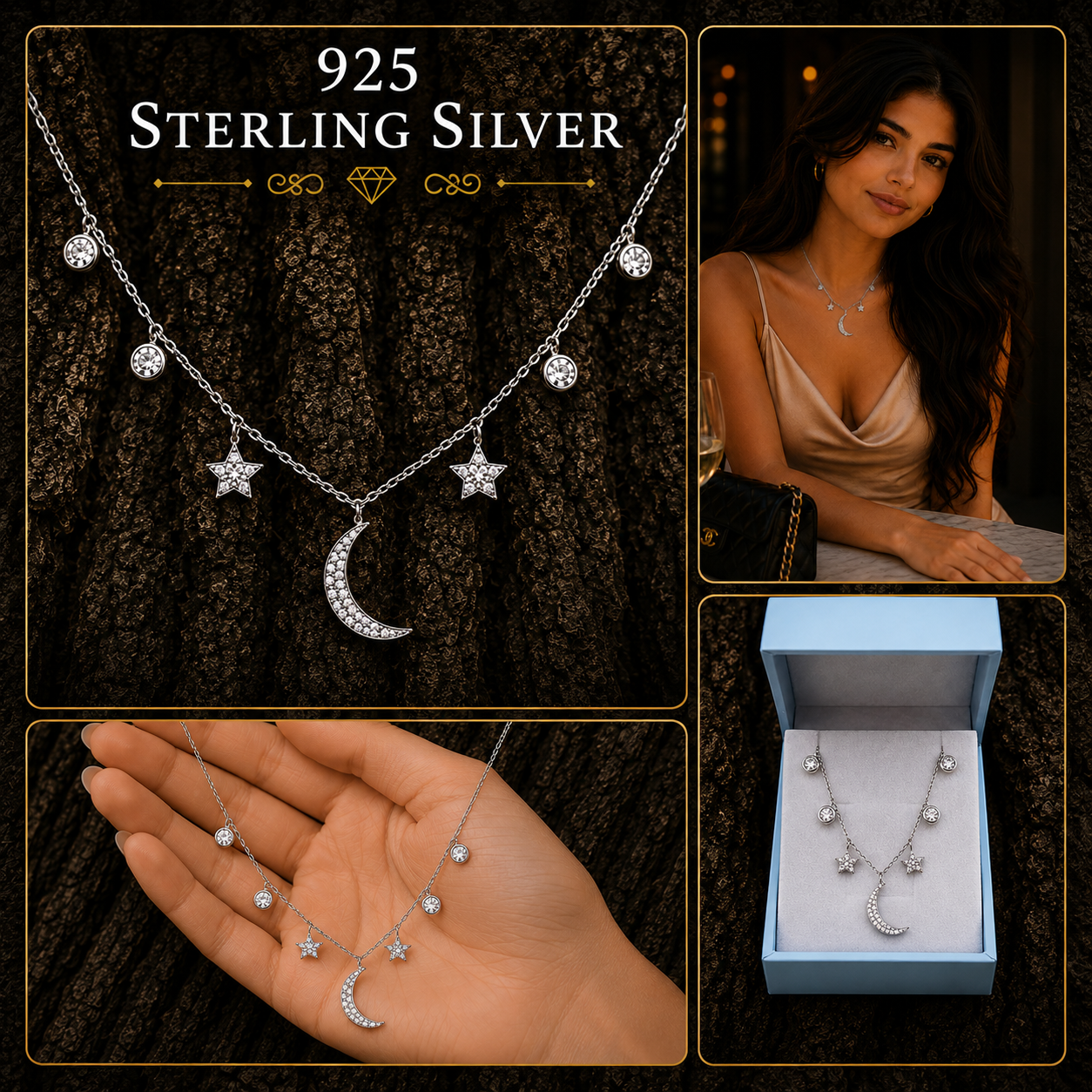 Woman wearing 925 Sterling Silver Moon & Stars Necklace