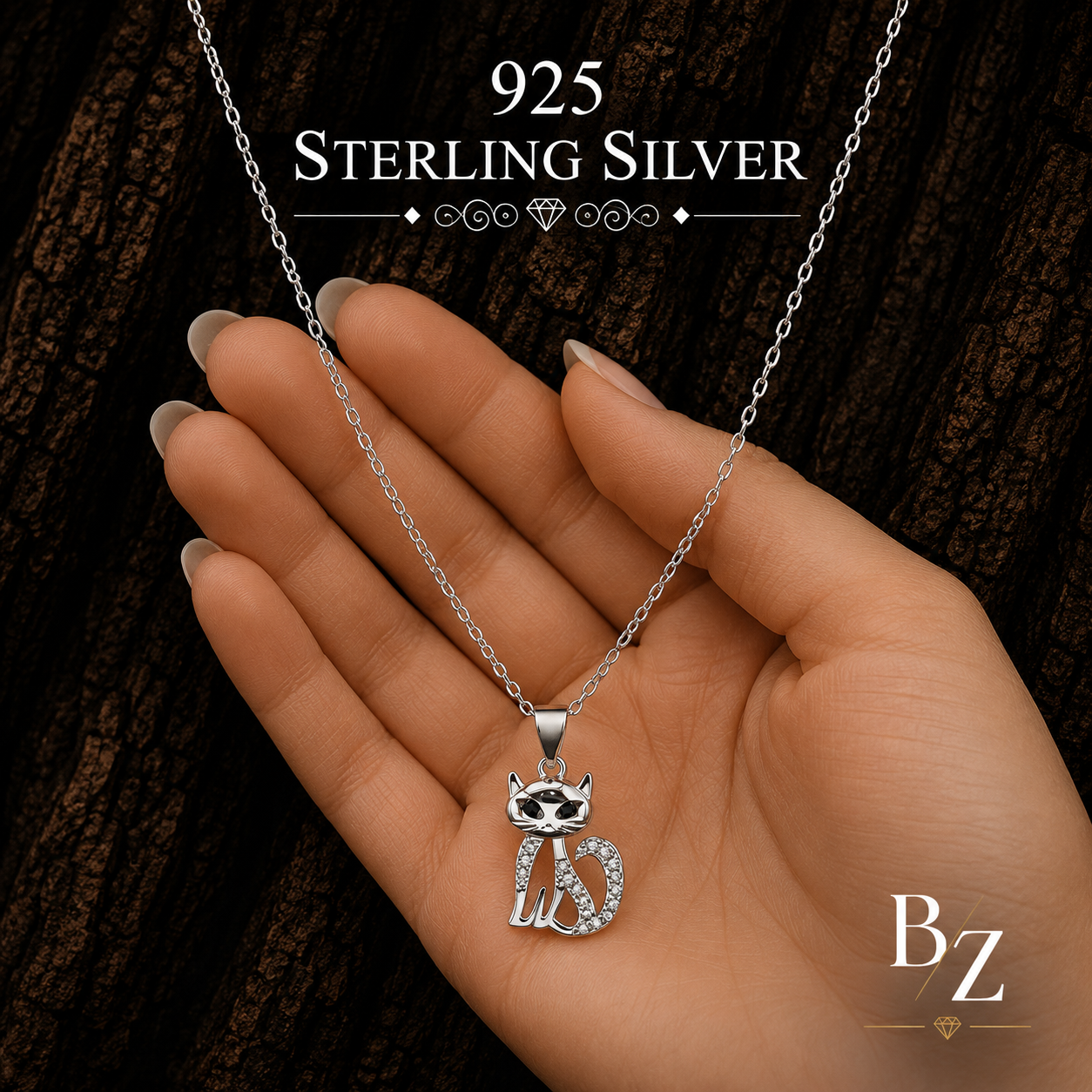 925 Sterling Silver Cat Necklace shown in hand for size reference