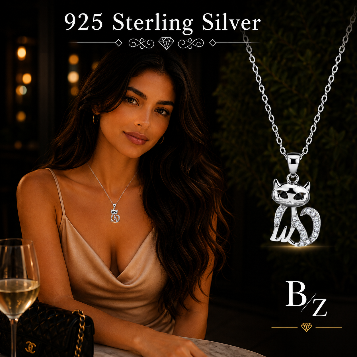 Woman wearing 925 Sterling Silver Cat Necklace