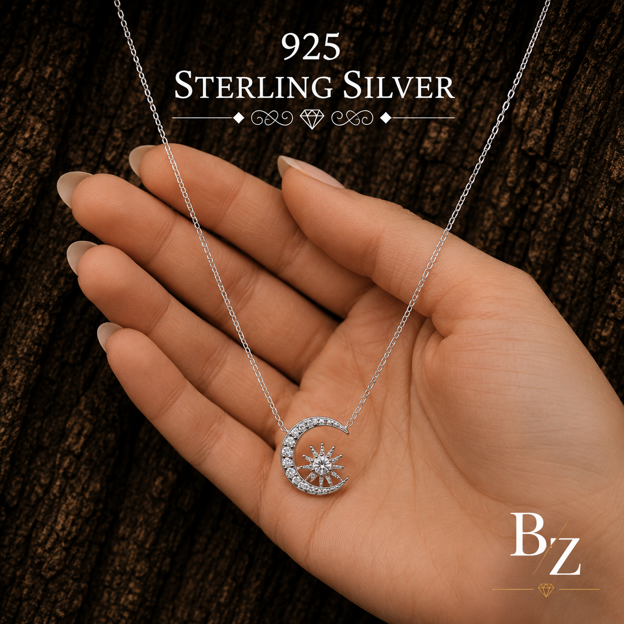925 Sterling Silver Moon & Star Necklace shown in hand for size reference