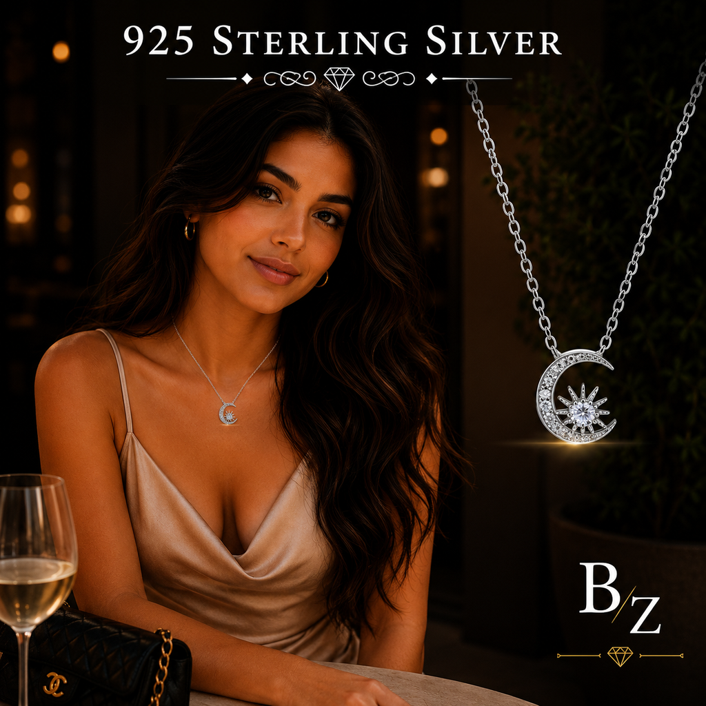 Woman wearing 925 Sterling Silver Moon & Star Necklace