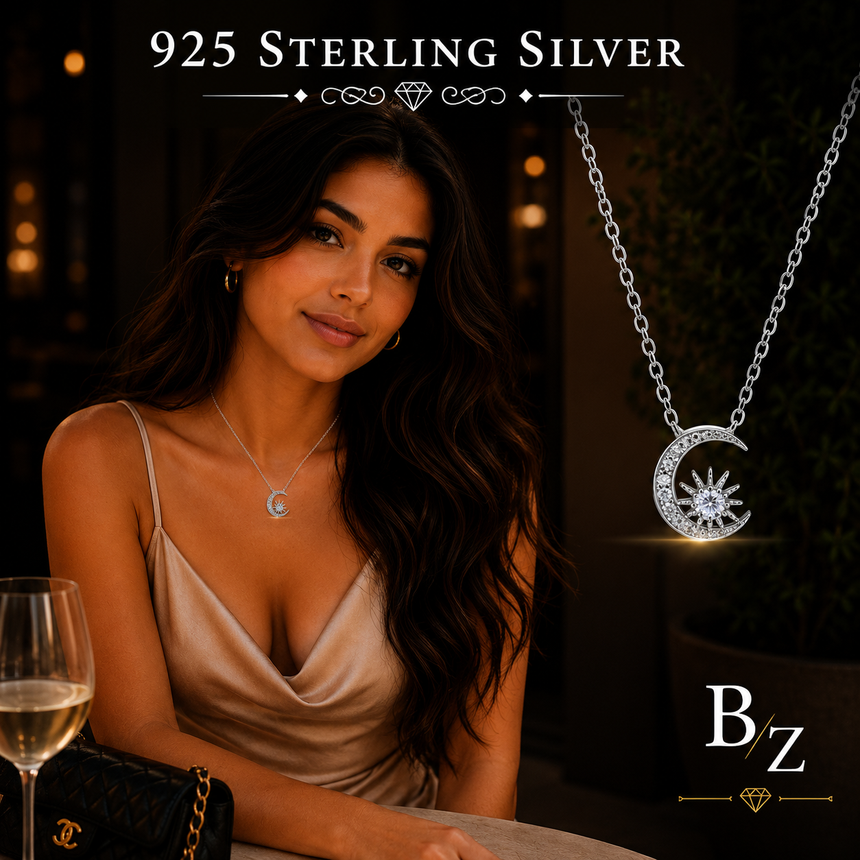 Woman wearing 925 Sterling Silver Moon & Star Necklace