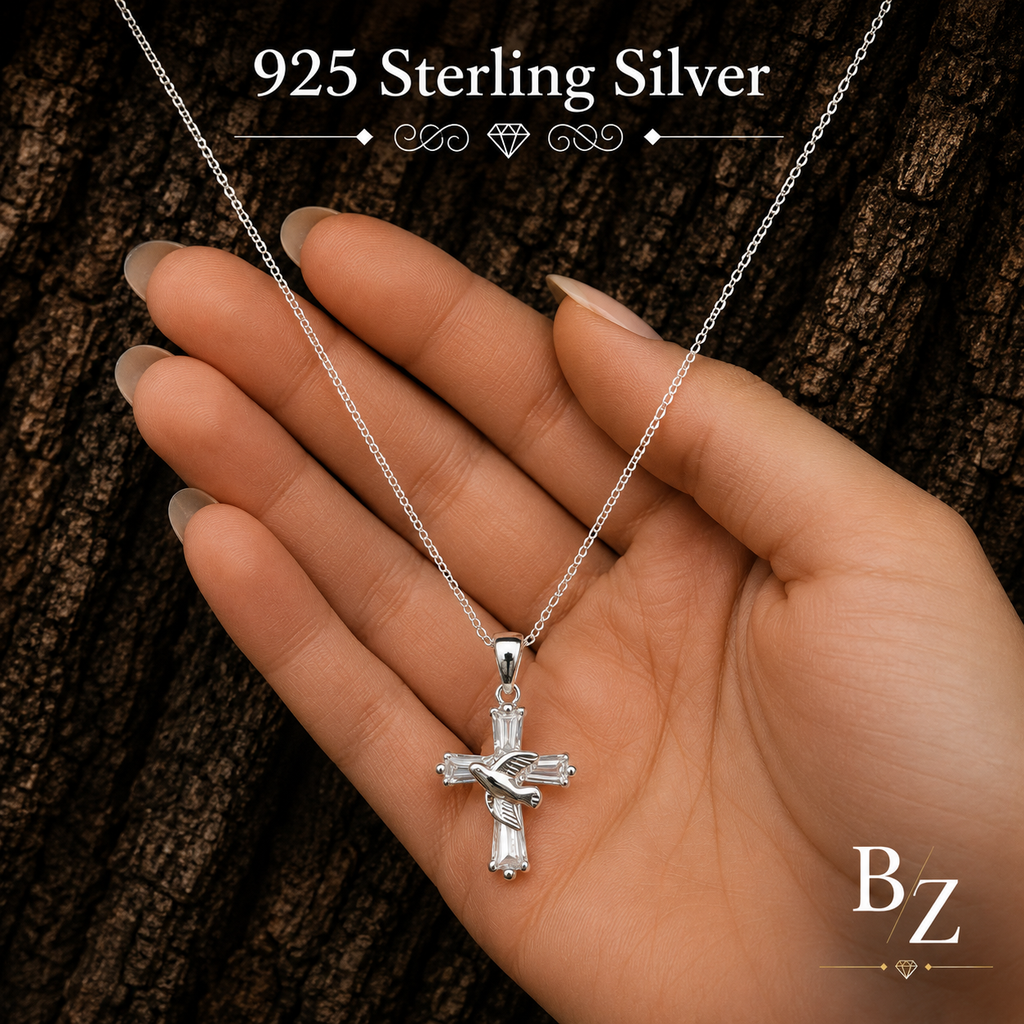 925 Sterling Silver Cross Necklace shown in hand for size reference