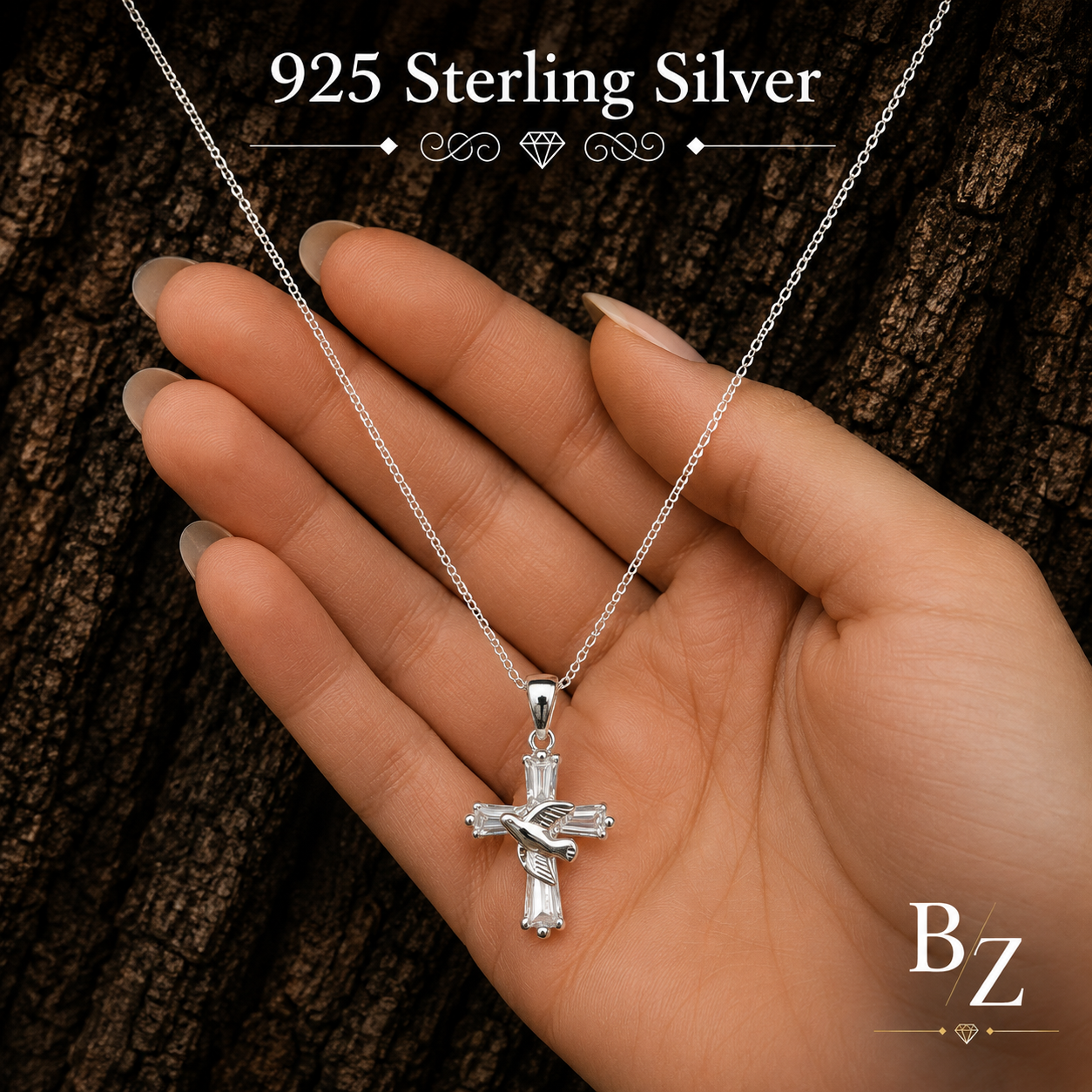 925 Sterling Silver Cross Necklace shown in hand for size reference