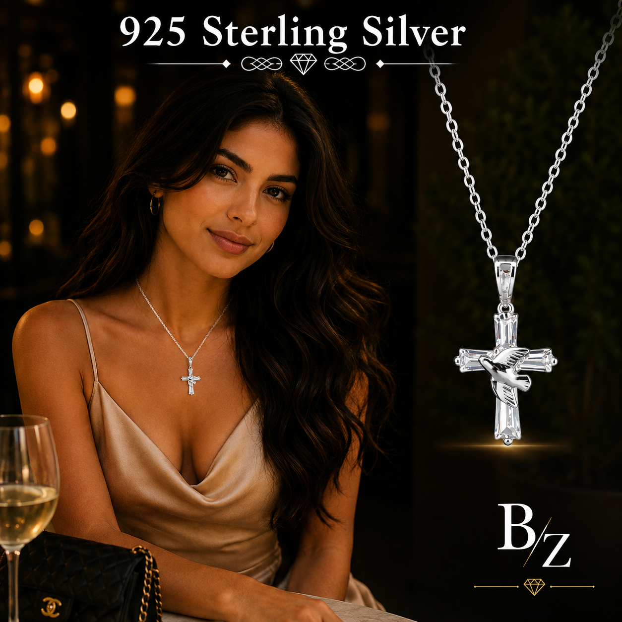 Woman wearing 925 Sterling Silver Cross Necklace with Dove