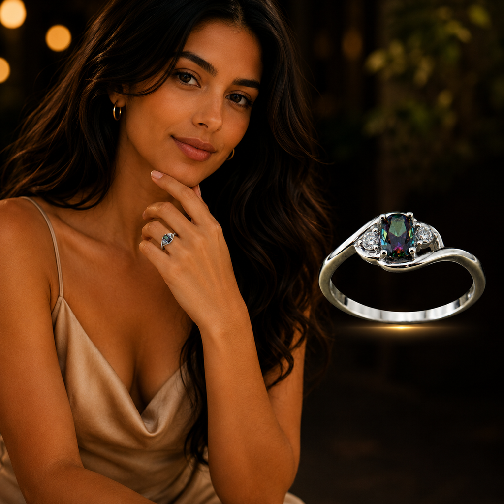 Woman Wearing 925 Sterling Silver Mystic Topaz Ring