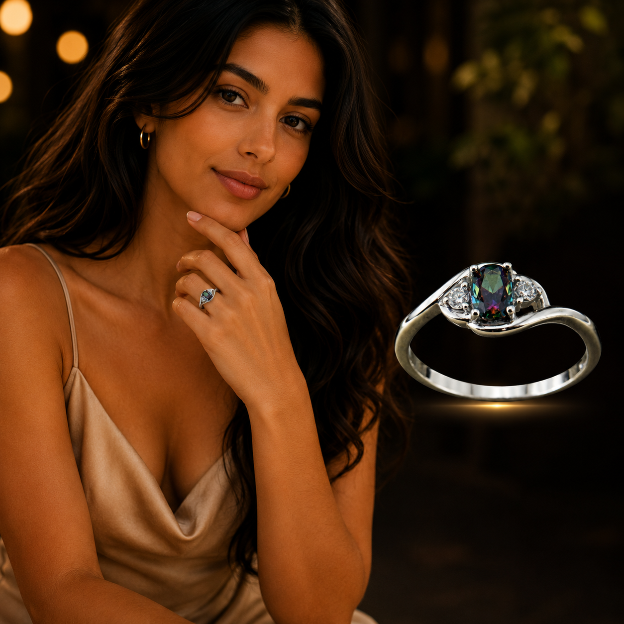 Woman Wearing 925 Sterling Silver Mystic Topaz Ring