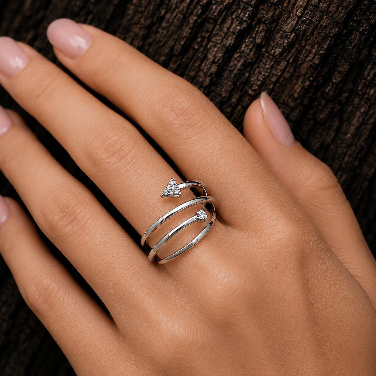 925 Sterling Silver CZ Arrow Wrap Ring worn on hand