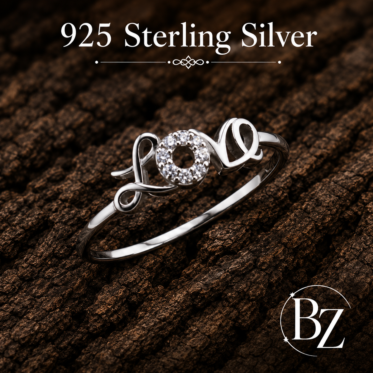 925 Sterling Silver CZ Love Ring with heart design