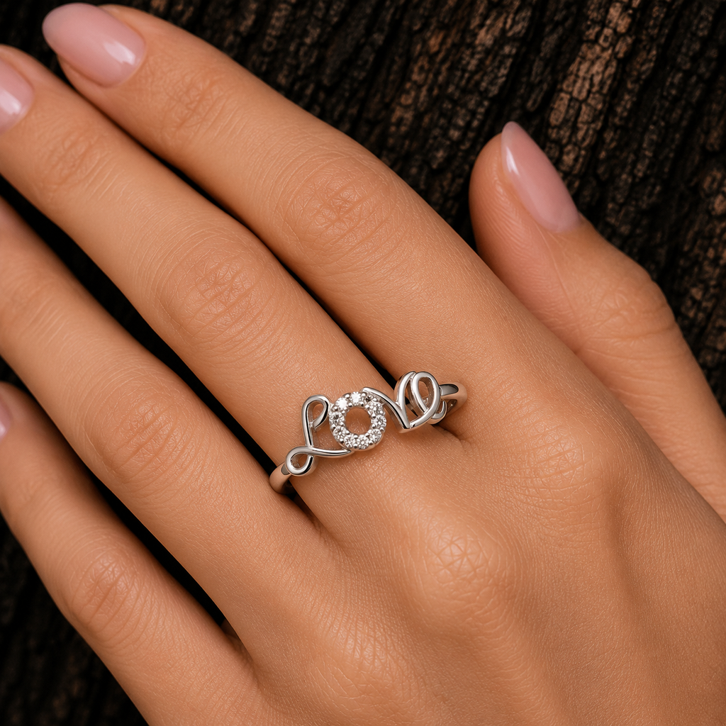 925 Sterling Silver Love Ring worn on hand
