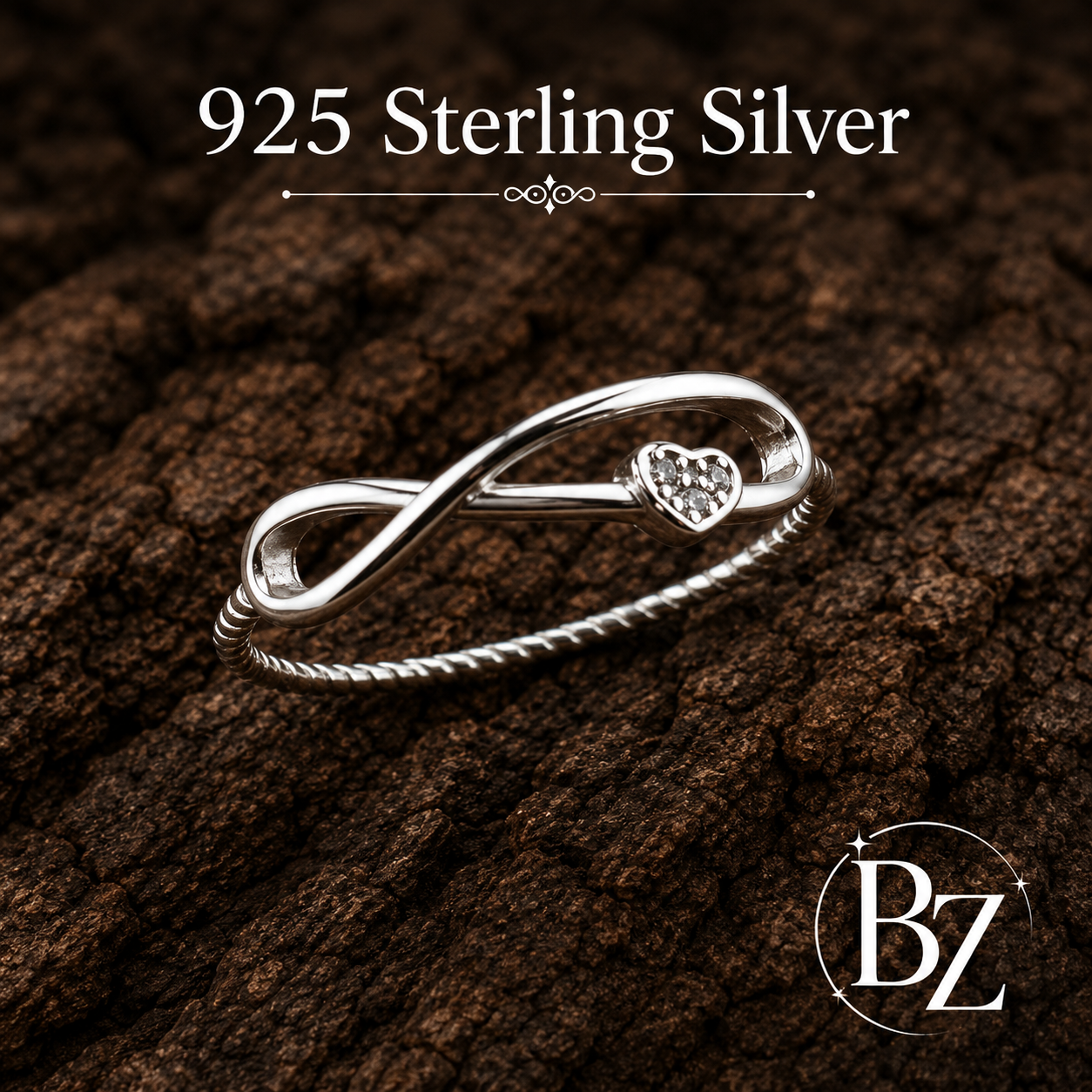 925 Sterling Silver Infinity Ring with CZ heart accent