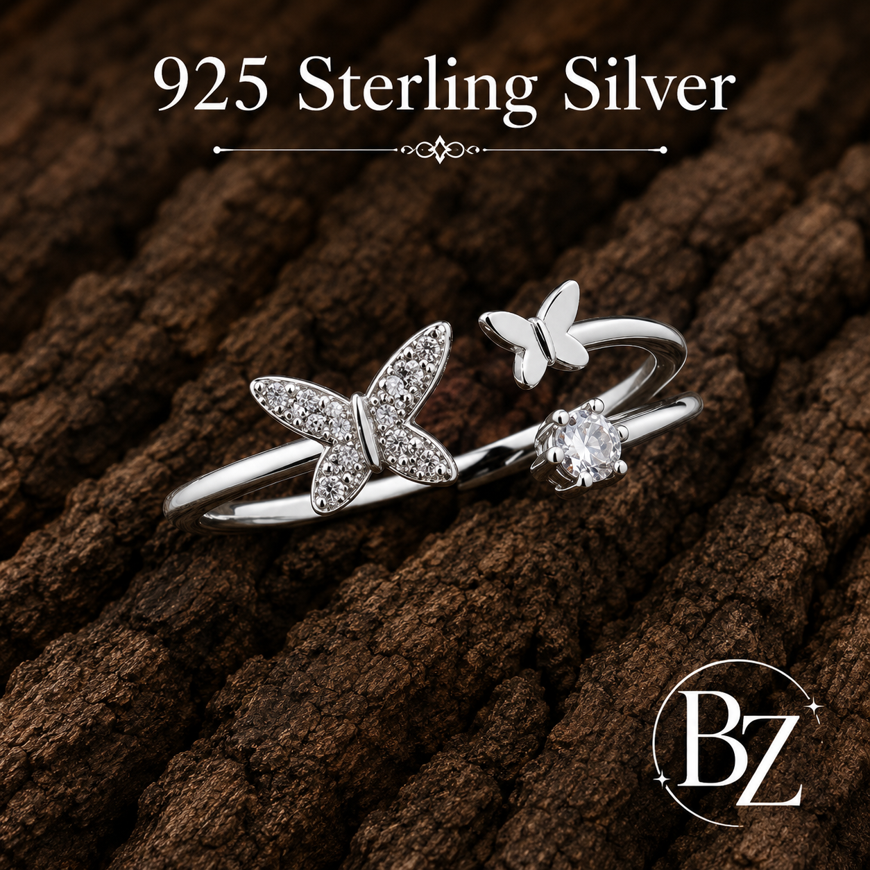 925 Sterling Silver Butterfly Ring with cubic zirconia