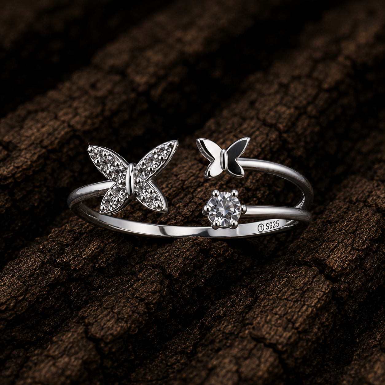 925 Sterling Silver Butterfly Ring close up view