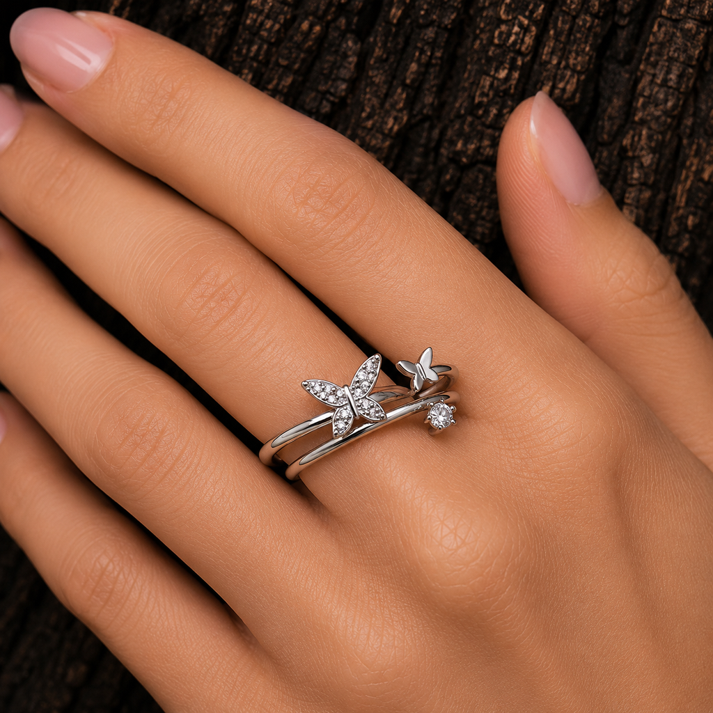925 Sterling Silver Butterfly Ring worn on hand