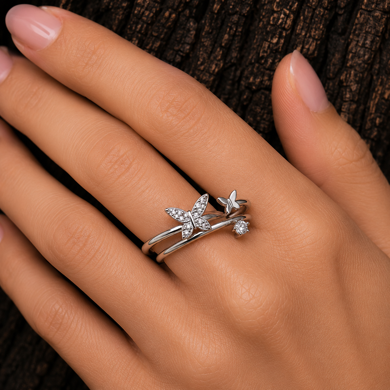 925 Sterling Silver Butterfly Ring worn on hand
