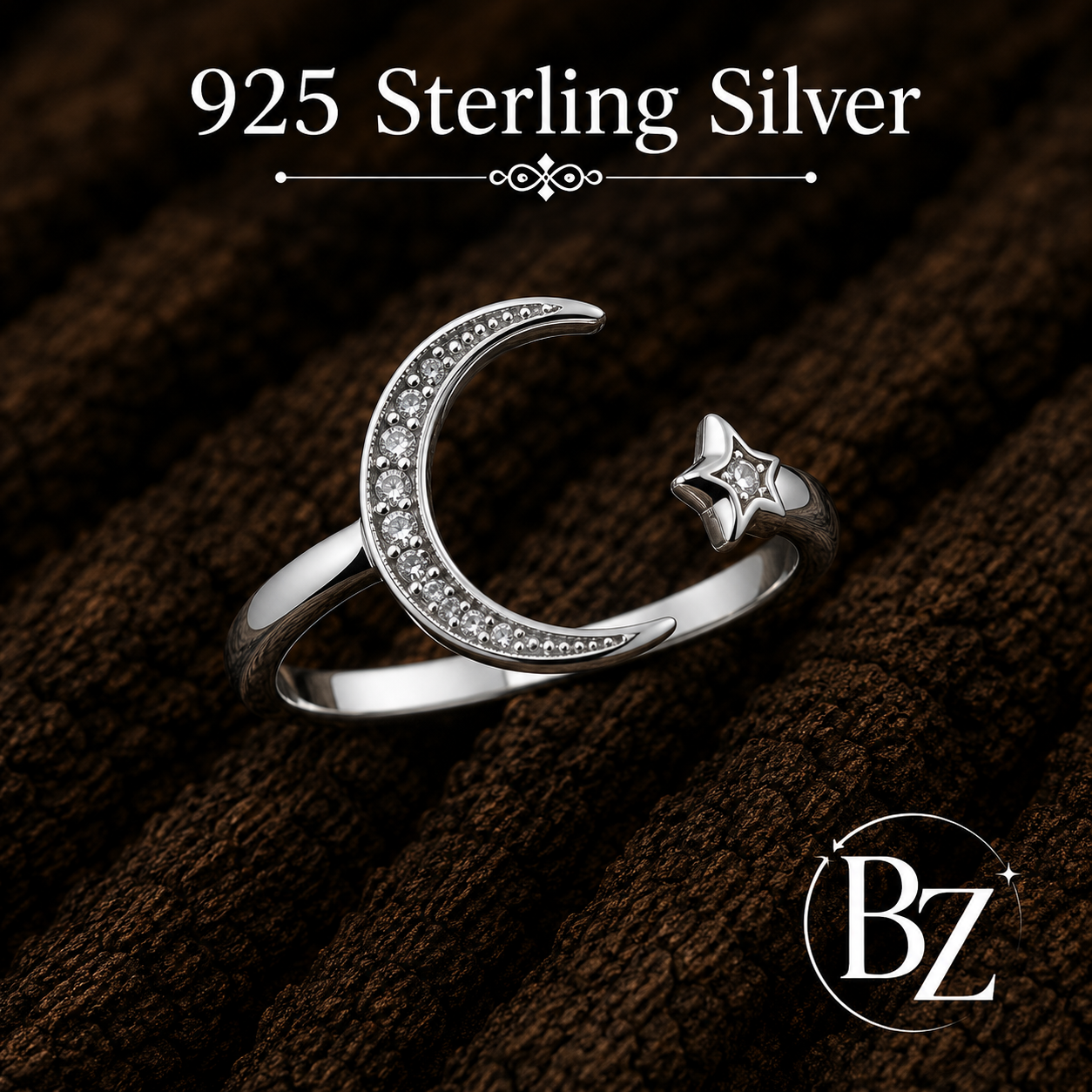 925 Sterling Silver Moon and Star CZ Ring