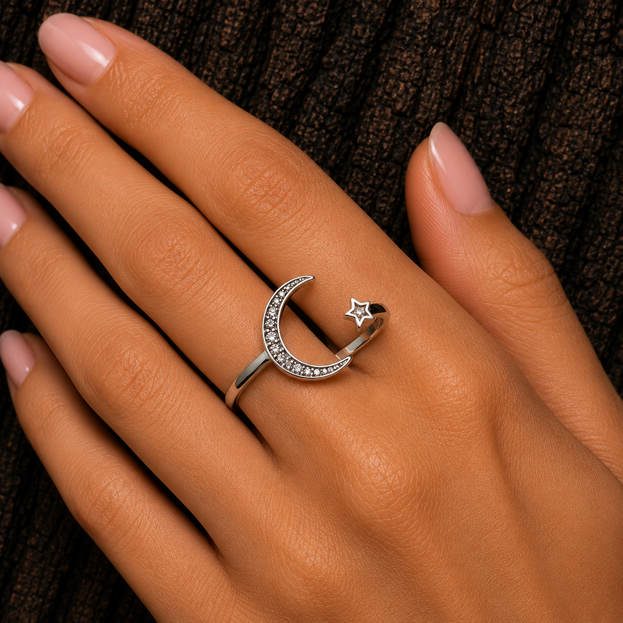 925 Sterling Silver Moon and Star CZ Ring worn on hand