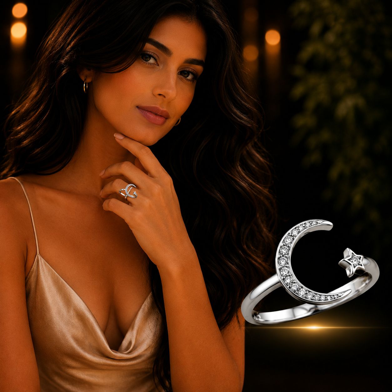 925 Sterling Silver Moon and Star CZ Ring modeled by woman