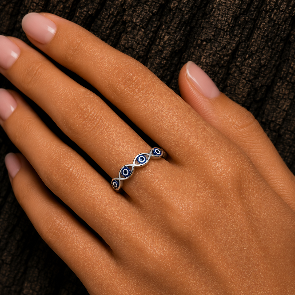 925 Sterling Silver Evil Eye Band Ring worn on hand