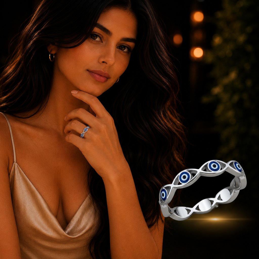 925 Sterling Silver Evil Eye Band Ring modeled by woman