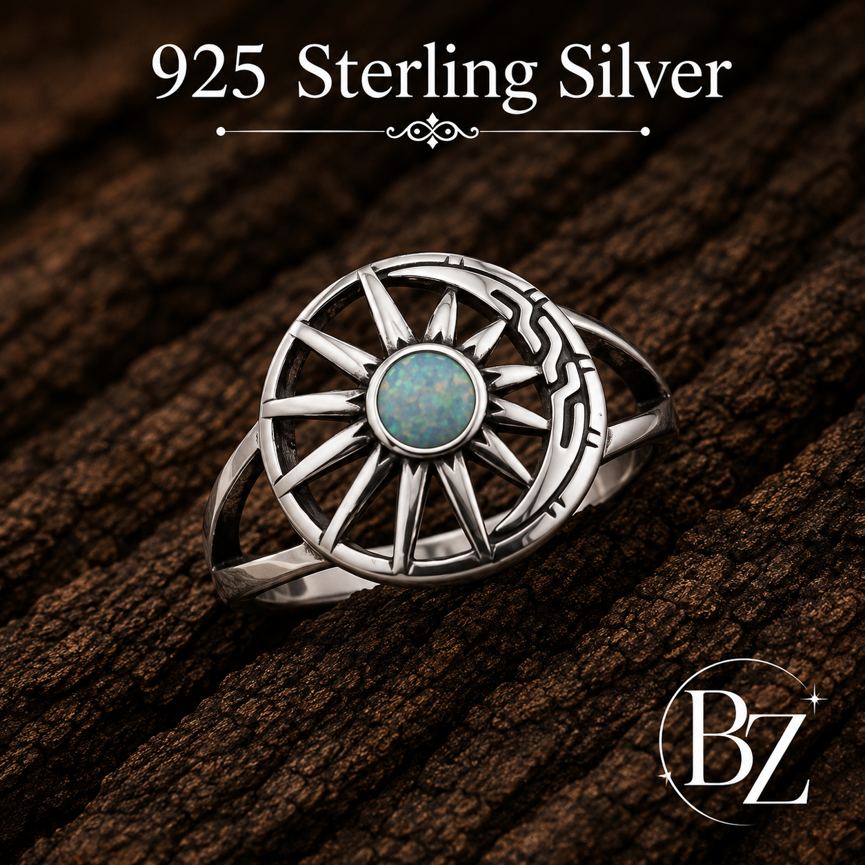 925 Sterling Silver Sunburst Ring with Synthetic Opal