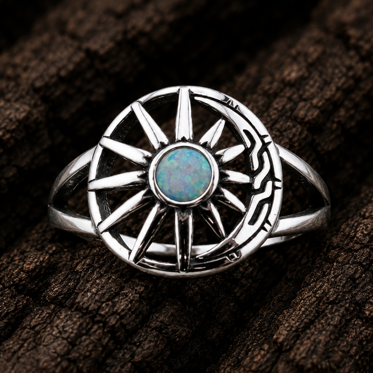 925 Sterling Silver Sunburst Ring with Synthetic Opal close up view