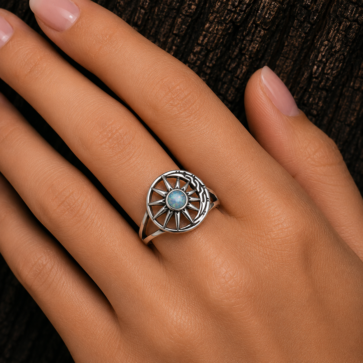 925 Sterling Silver Sunburst Ring with Synthetic Opal worn on hand