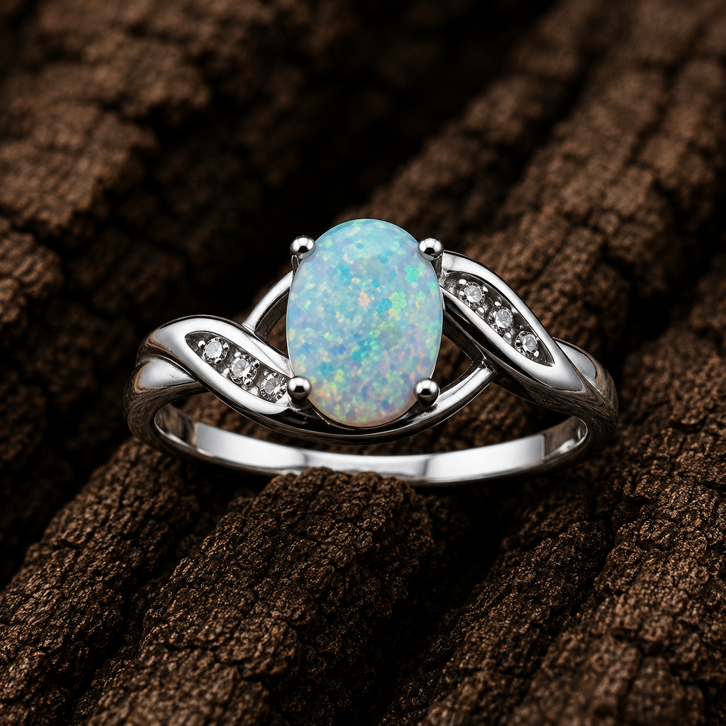 925 Sterling Silver Synthetic Opal Twist Ring close up