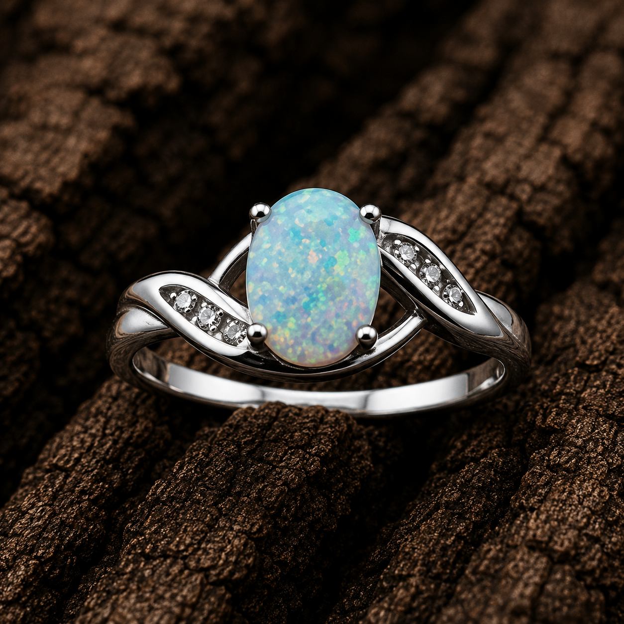 925 Sterling Silver Synthetic Opal Twist Ring close up