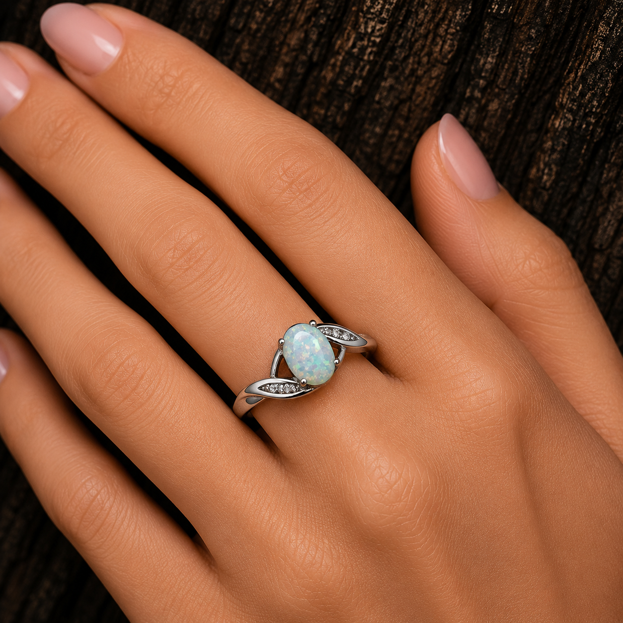 925 Sterling Silver Synthetic Opal Twist Ring worn on hand