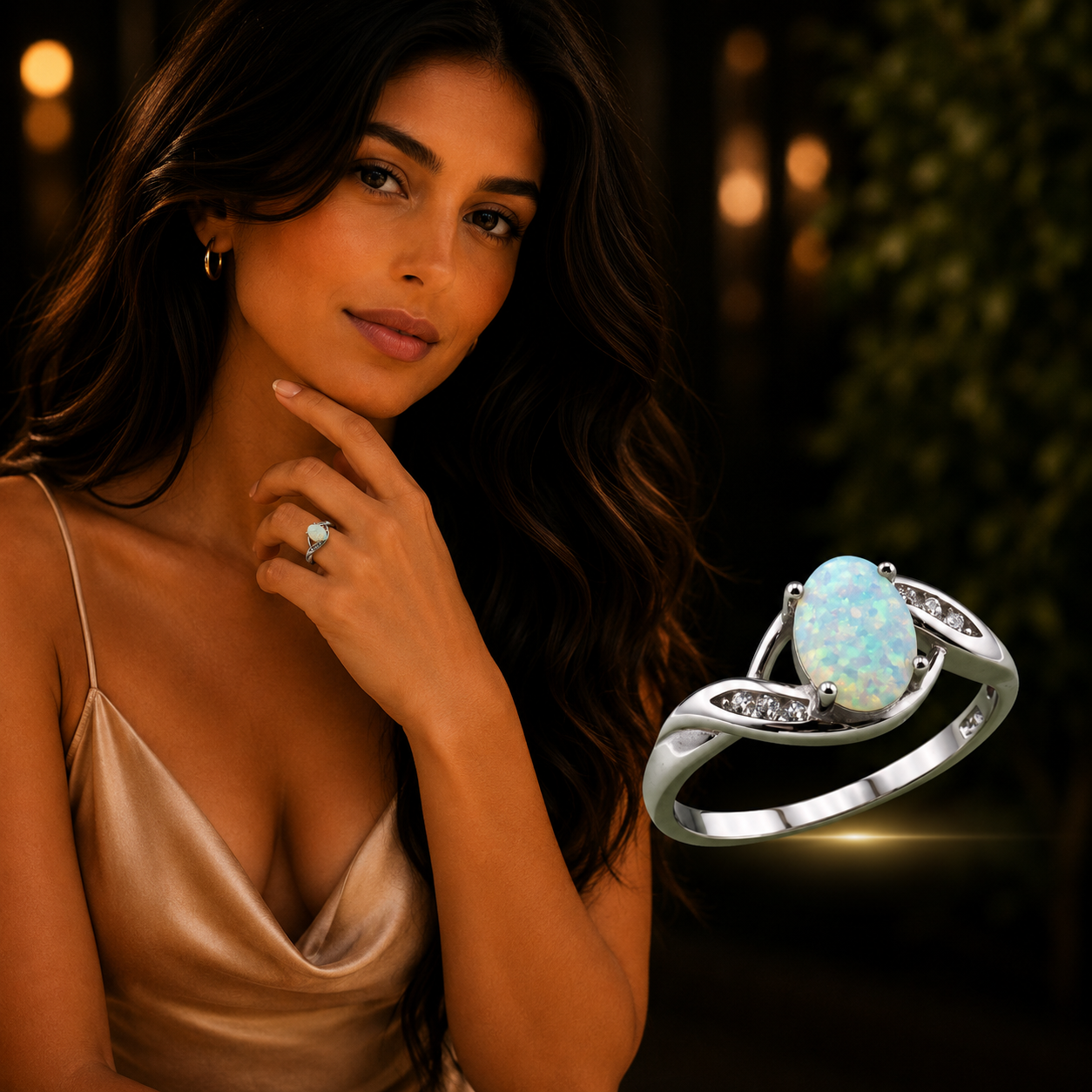 925 Sterling Silver Synthetic Opal Twist Ring modeled by woman