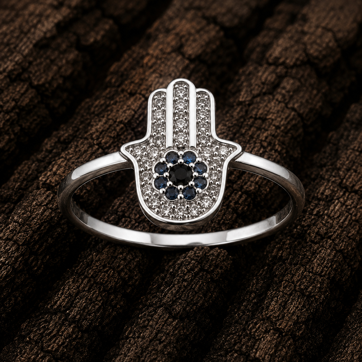 925 Sterling Silver Hamsa CZ Ring close up