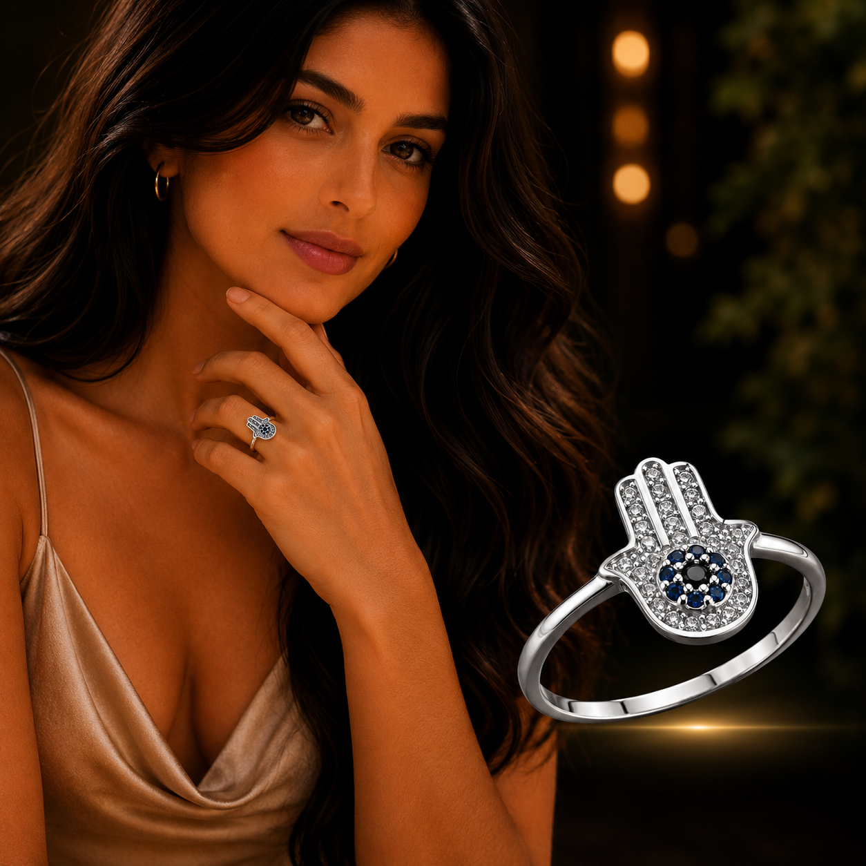 925 Sterling Silver Hamsa CZ Ring modeled by woman