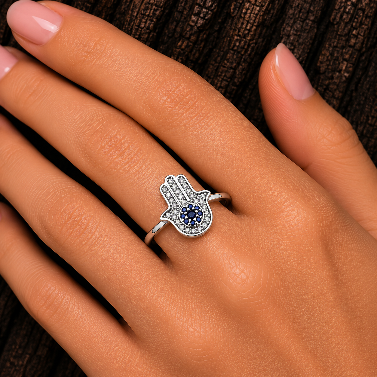 925 Sterling Silver Hamsa CZ Ring worn on hand