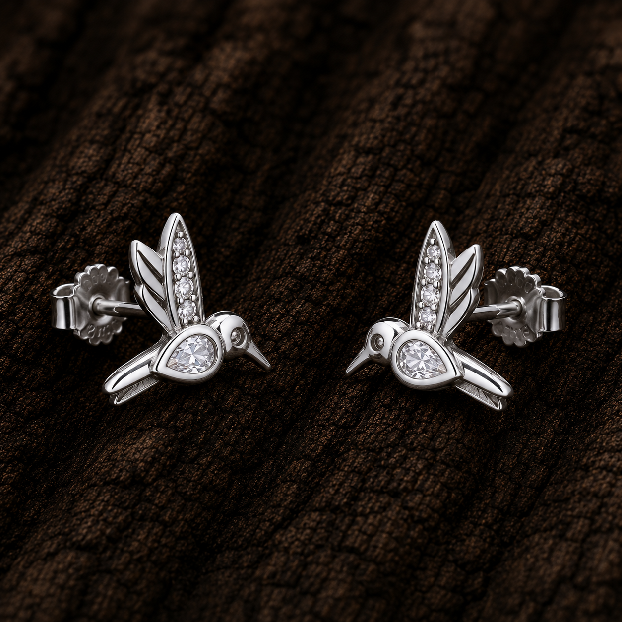 925 Sterling Silver Hummingbird Stud Earrings with Cubic Zirconia
