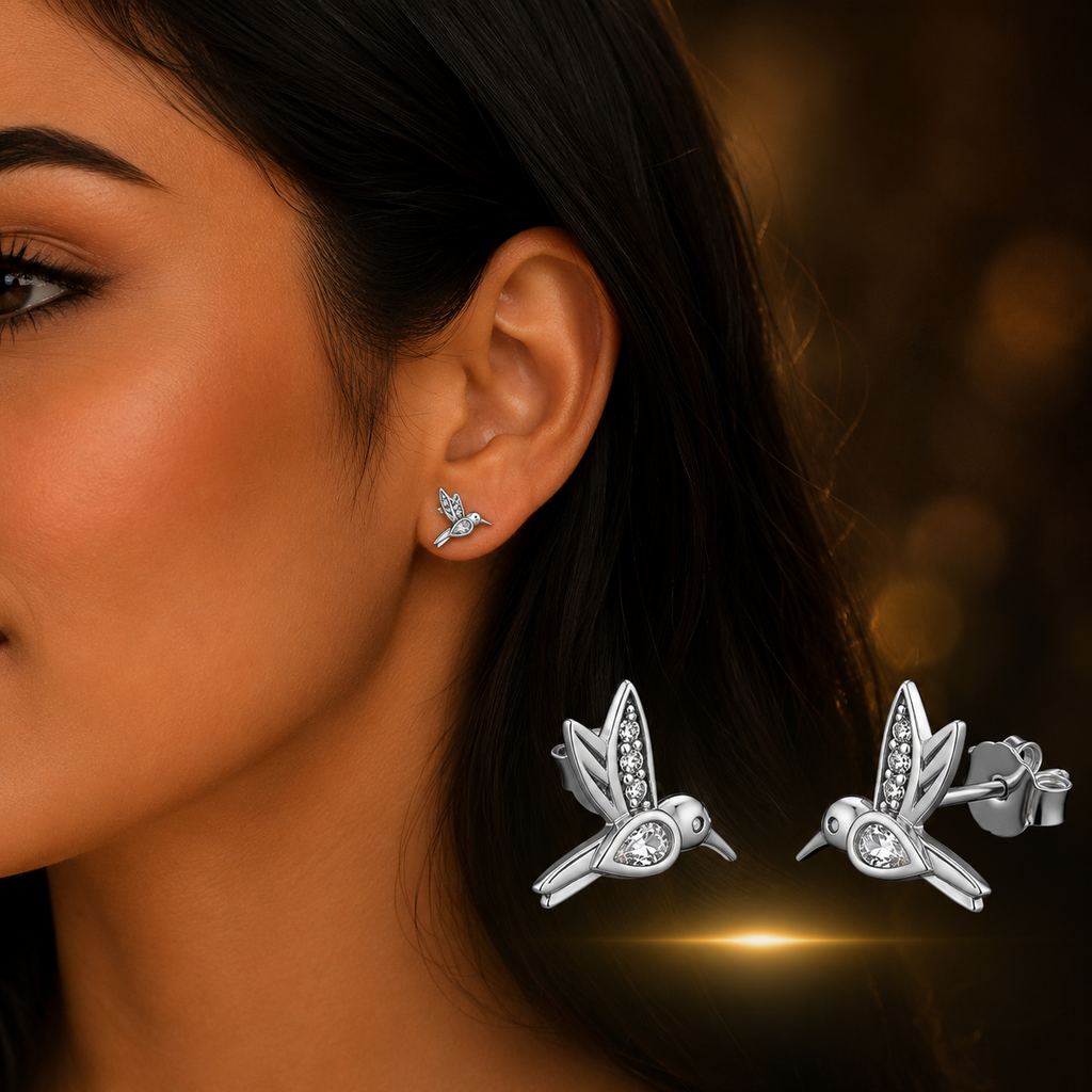 Woman wearing 925 Sterling Silver Hummingbird Stud Earrings