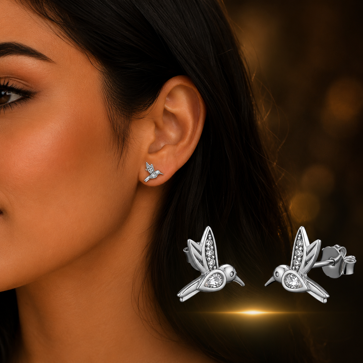 Woman wearing 925 Sterling Silver Hummingbird Stud Earrings