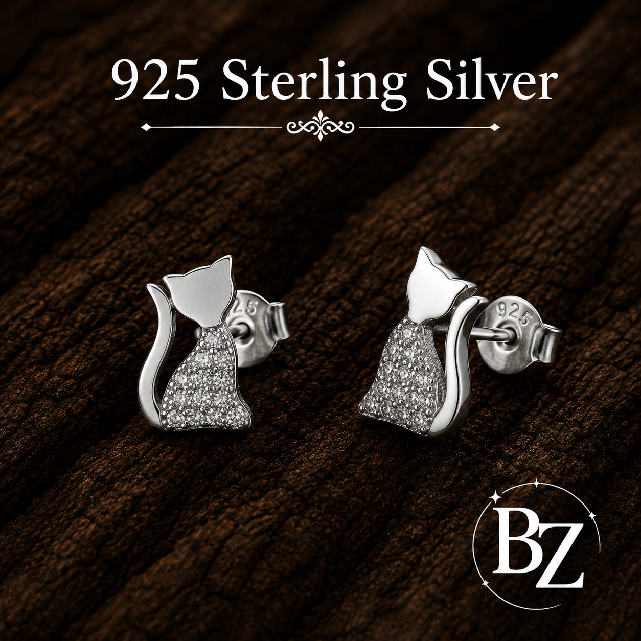925 Sterling Silver Cat Stud Earrings with Cubic Zirconia
