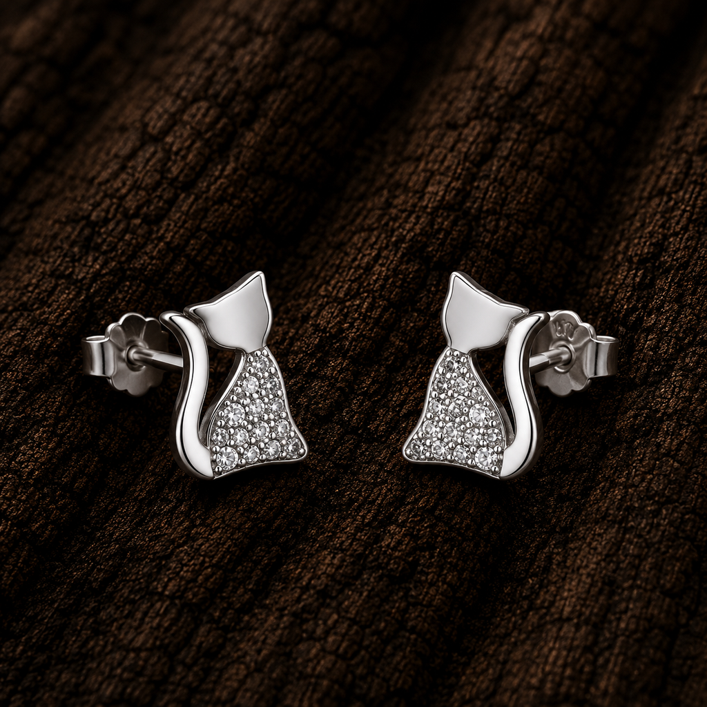925 Sterling Silver Cat Stud Earrings with Cubic Zirconia