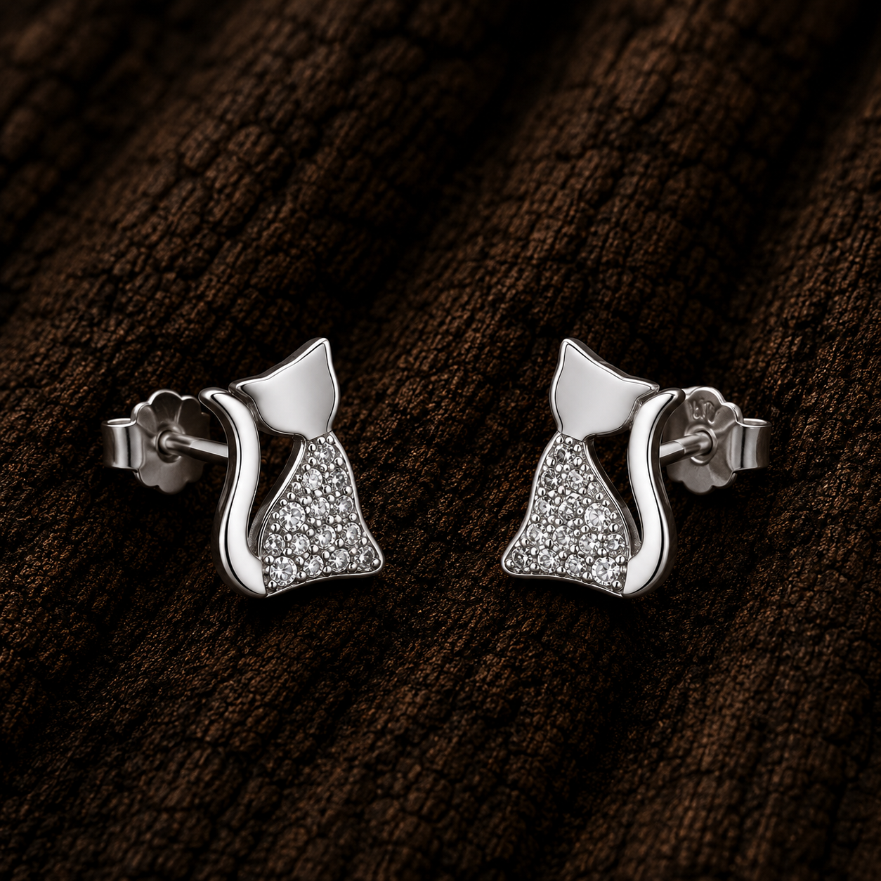 925 Sterling Silver Cat Stud Earrings with Cubic Zirconia