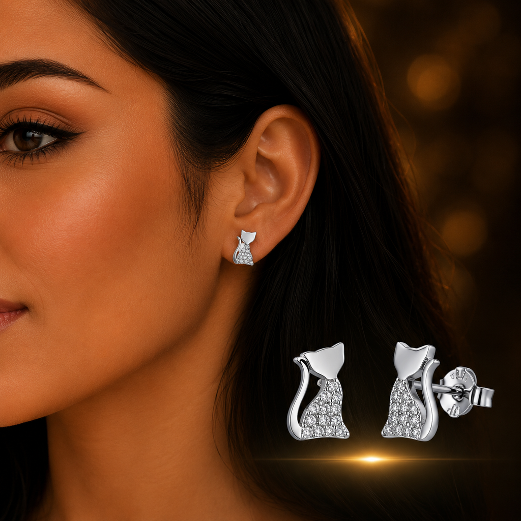 Woman wearing 925 Sterling Silver Cat Stud Earrings