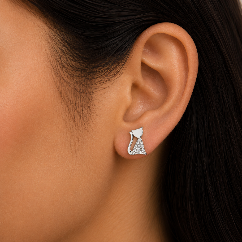 Woman wearing 925 Sterling Silver Cat Stud Earrings