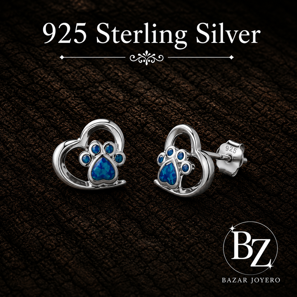 925 Sterling Silver Heart Paw Stud Earrings with Blue Synthetic Opal
