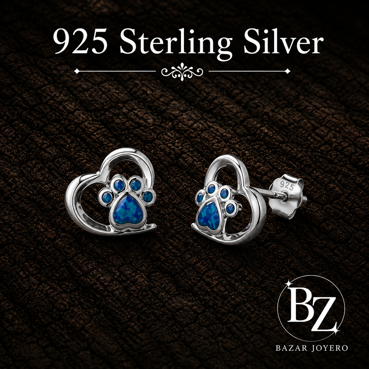 925 Sterling Silver Heart Paw Stud Earrings with Blue Synthetic Opal